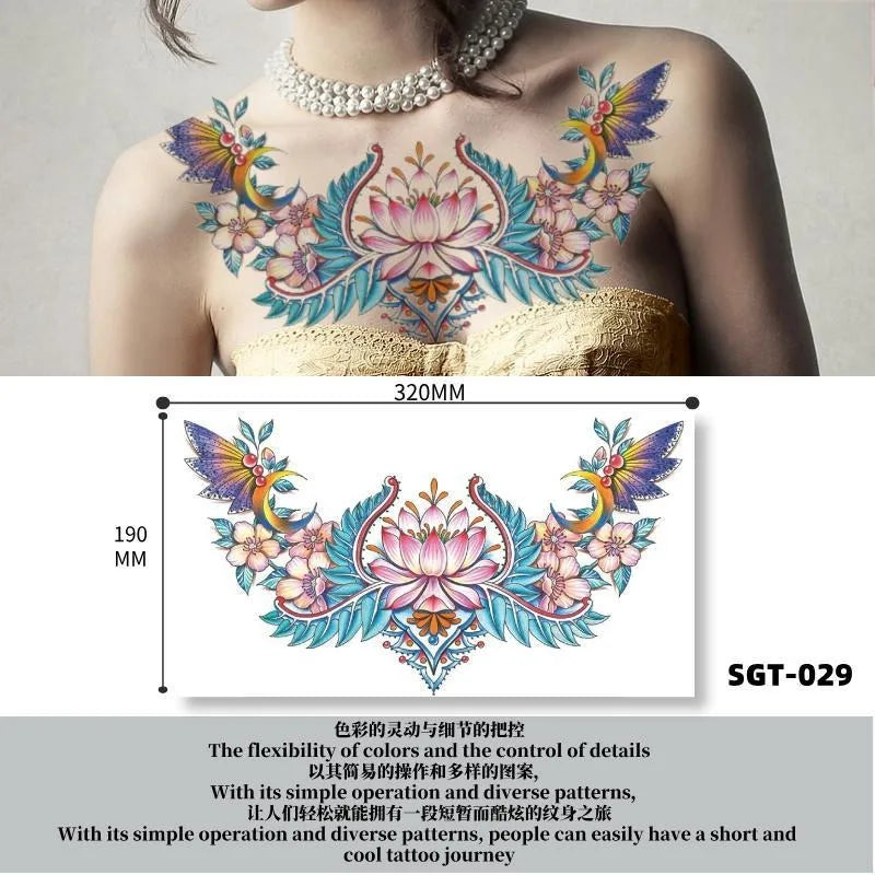 Large Waterproof Temporary Tattoo Sticker – Floral Butterfly Gem
