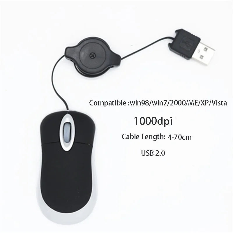 OULLX Mini USB Optical Mouse – Retractable Cable, 1000 DPI Wired Optical Mouse HIP