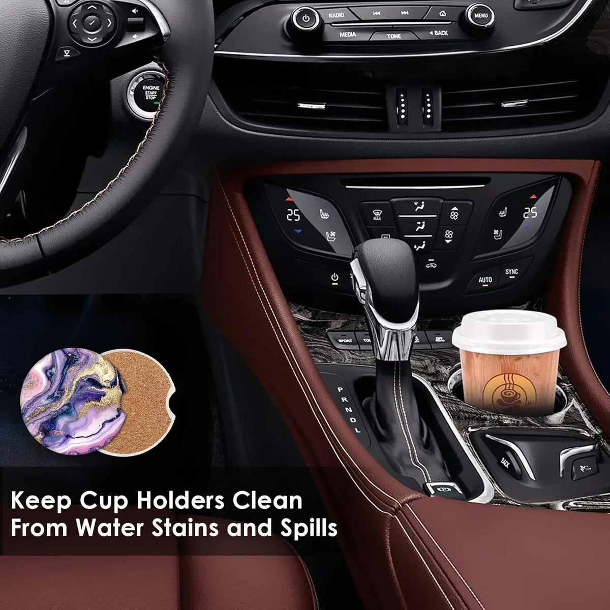 Purple Marble Car Coasters 2-Pack – Absorbent Ceramic Cup Holders Car Cup Coasters HIP