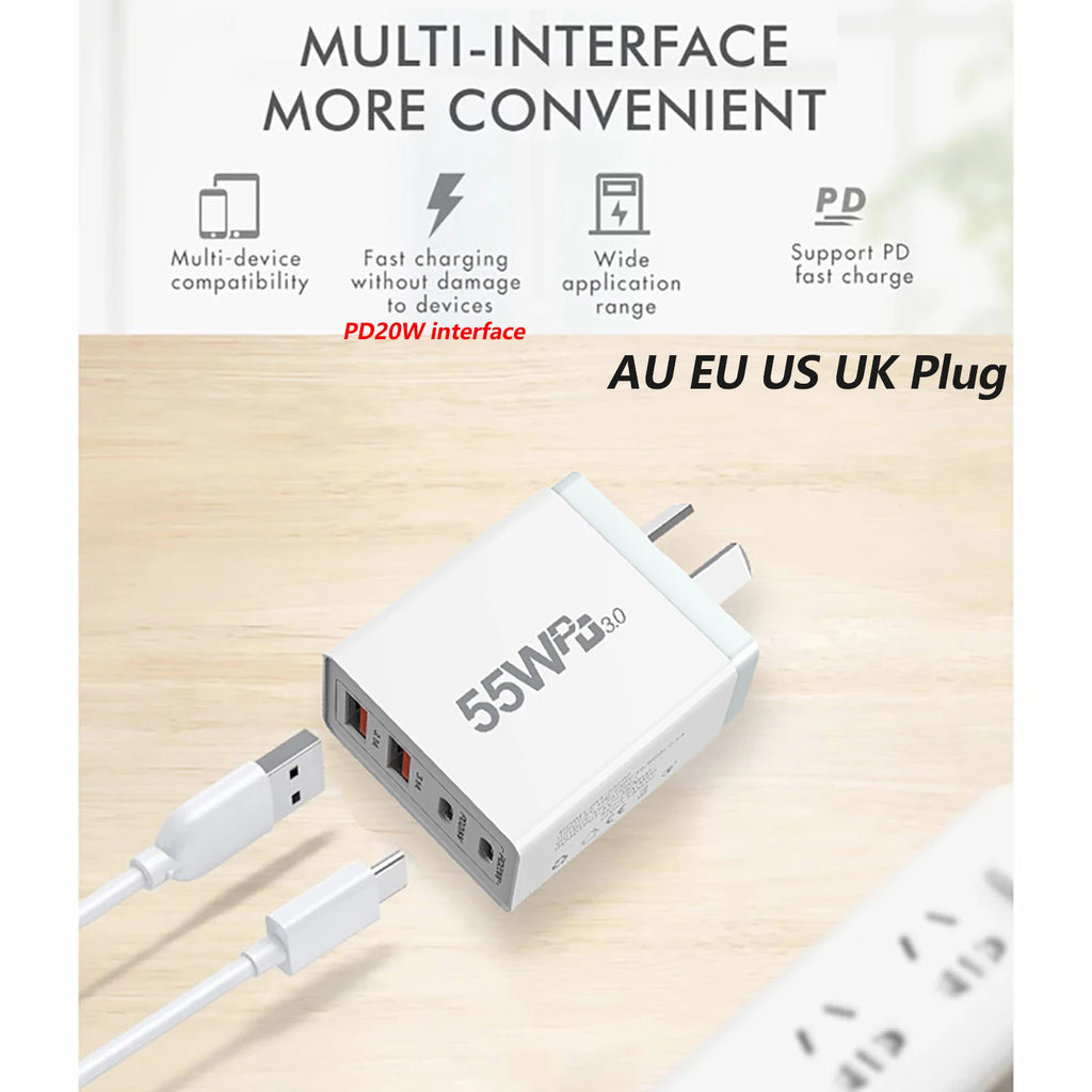 55W 4-Port USB-C PD Wall Charger – Fast Charging Adapter USB Wall Charger HIP