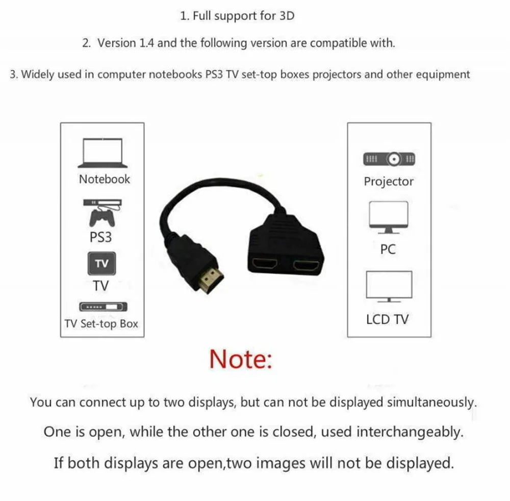 1080P HDMI Splitter Cable 1 In 2 Out – Male to Dual Female HDMI Splitter Cable HIP