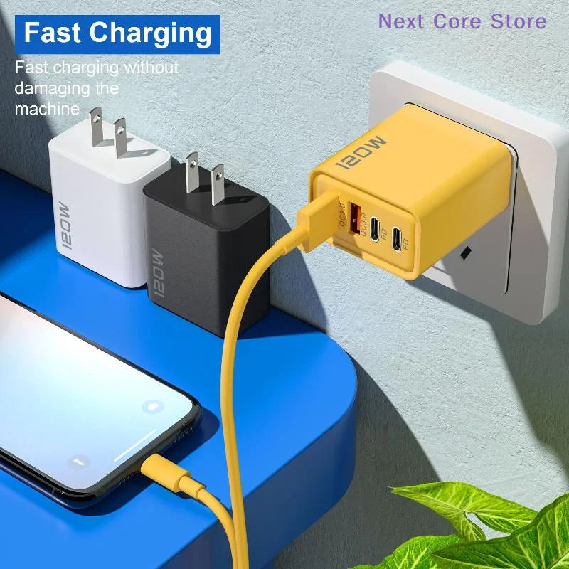 4-Port 120W USB-C Fast Charger – PD & QC3.0 Wall Adapter USB Wall Charger HIP