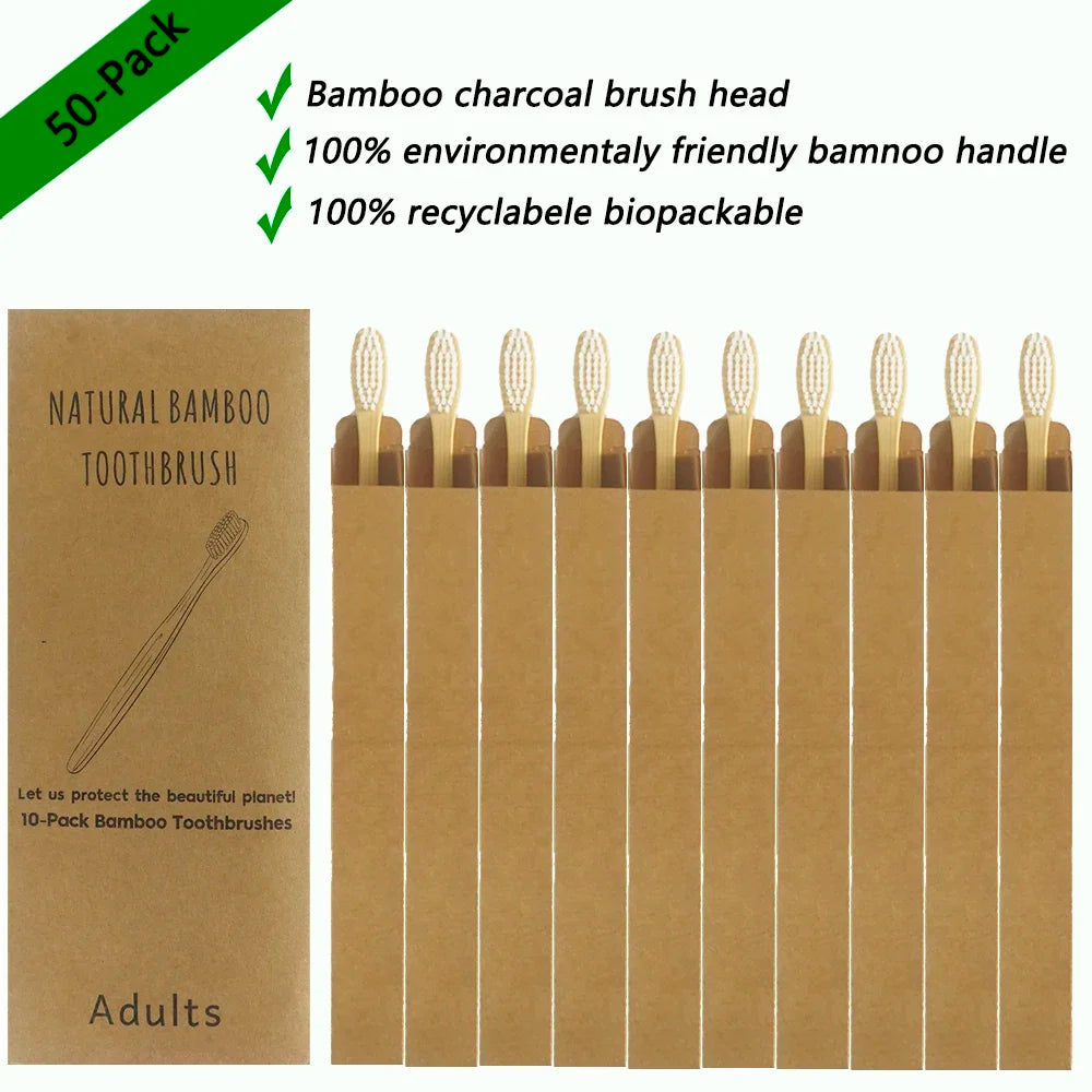 50/Pack Natural Bamboo Toothbrush Wood Toothbrushes Soft Bristles Capitellum Fiber Teeth brush Eco-Friendly Oral Care wholesale HIP 50Pcs White