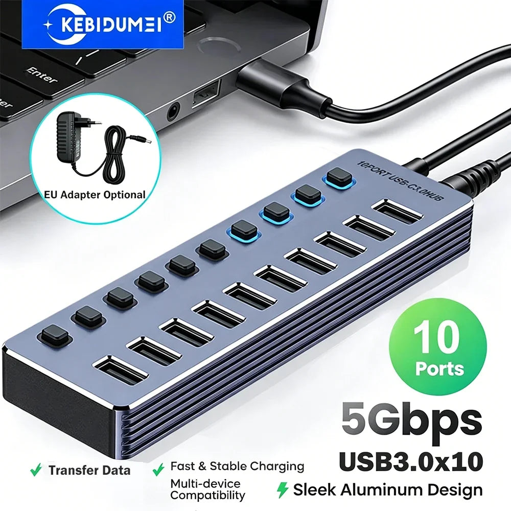 KEBIDUMEI 10-Port USB 3.0 Hub | 5Gbps & Independent Switches USB 3.0 Hub HIP