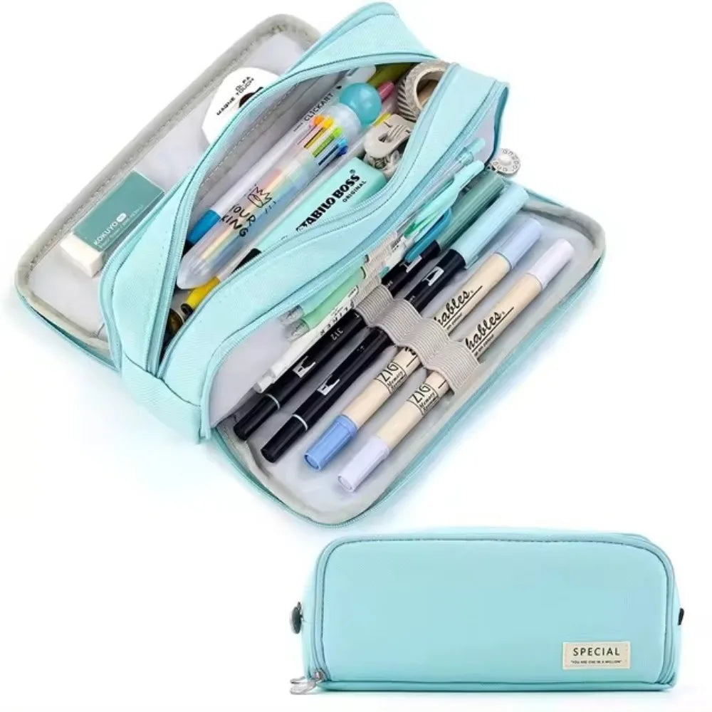 3-Layer Large Capacity Pencil Case – Zipper Stationery Organizer Pencil Case Organizer HIP Blue