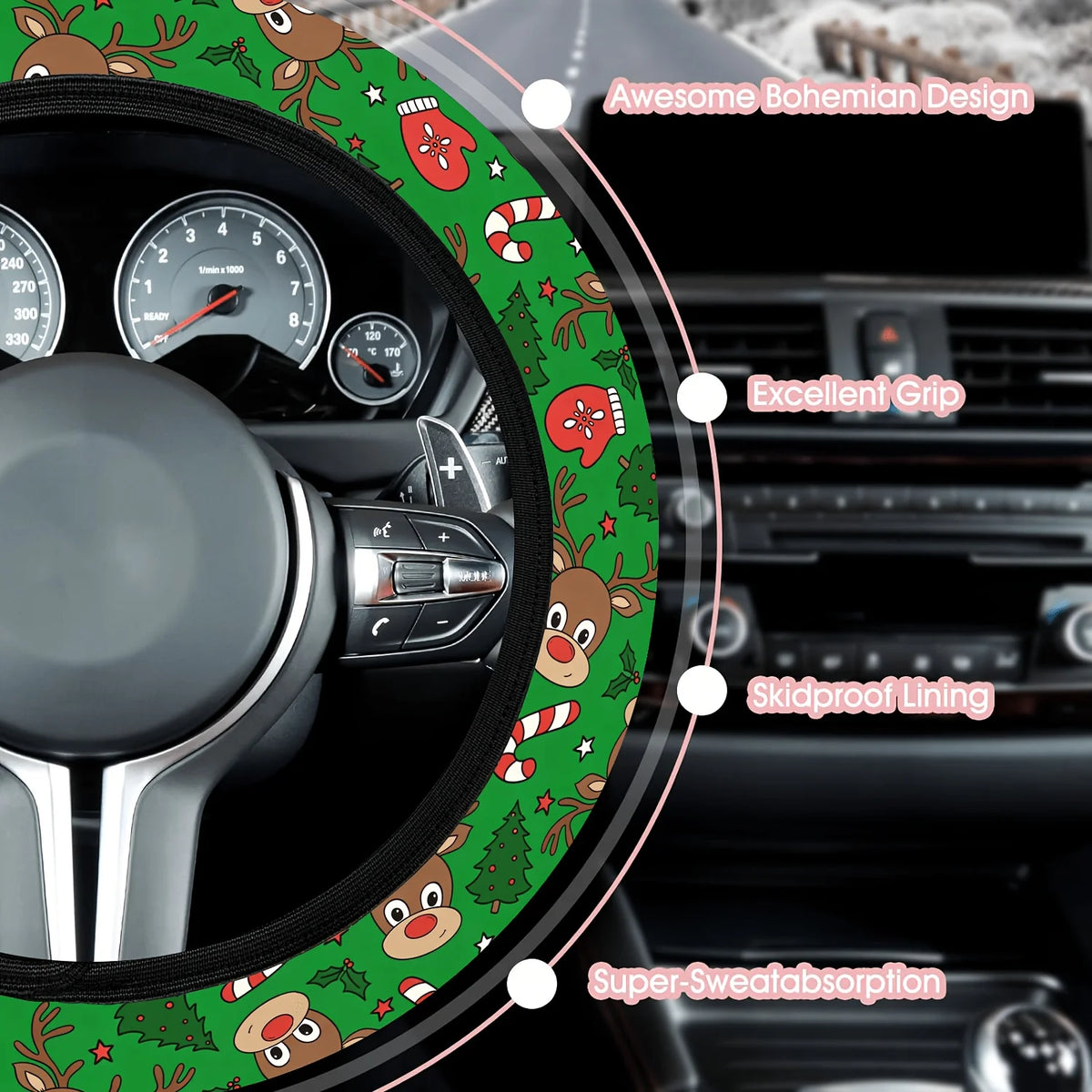Christmas Neoprene Steering Wheel Cover – Reindeer & Tree Steering Wheel Cover HIP