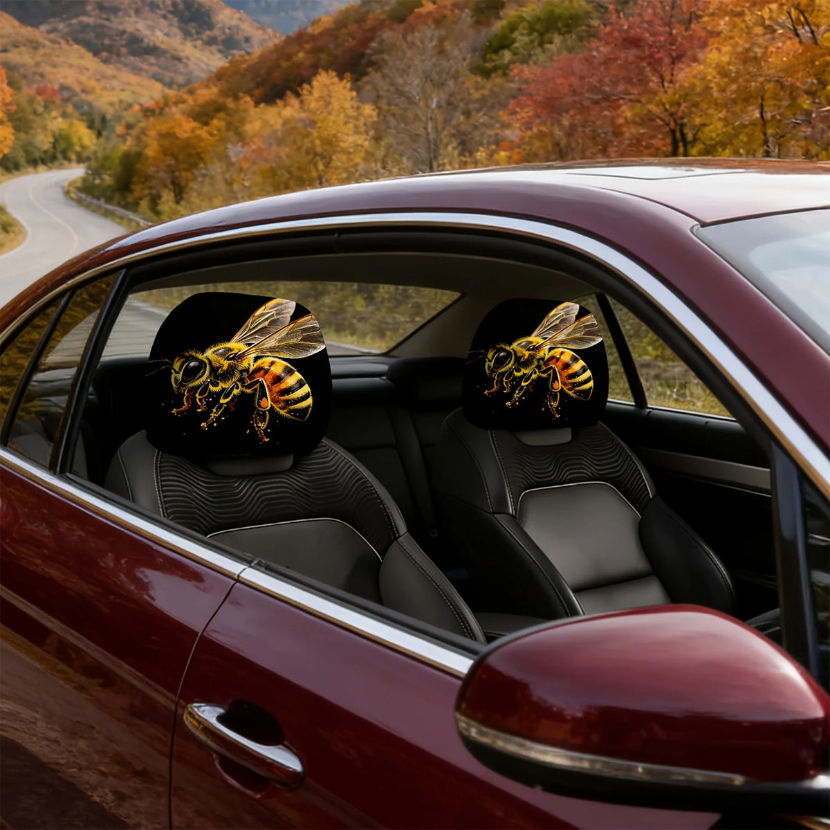 2-Pack Bee Print Car Seat Headrest Covers – Washable & Durable Car Headrest Cover HIP