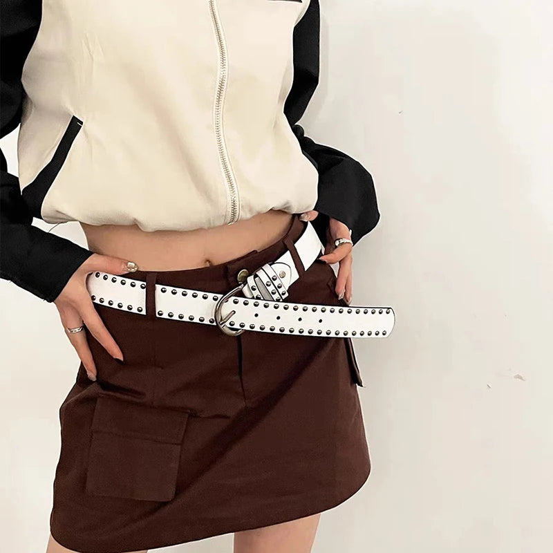 Studded PU Leather Belt D-Ring Buckle – Punk Style for Women Women's Fashion Belt HIP