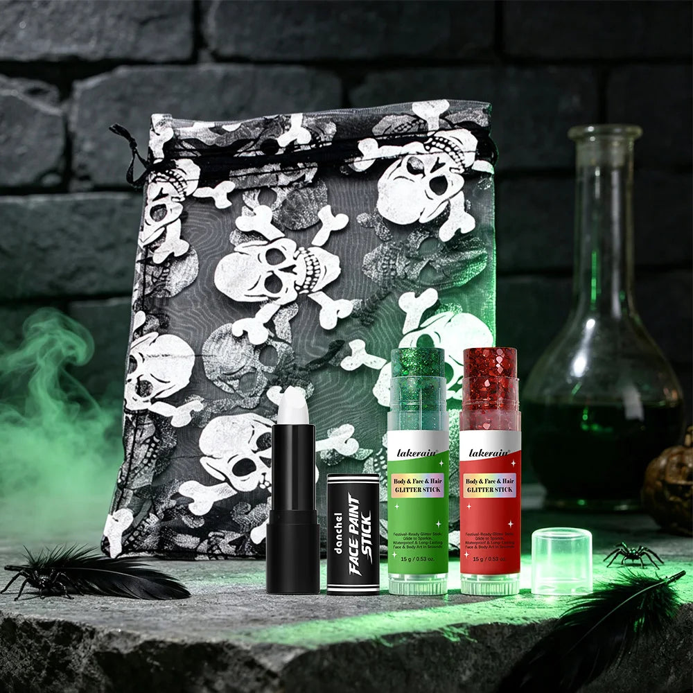 4pcs Halloween Stage Makeup Kit Red Green Sequins White Lipstick Equipped With Storage Pouch Cosplay Party Body Face Decorations HIP
