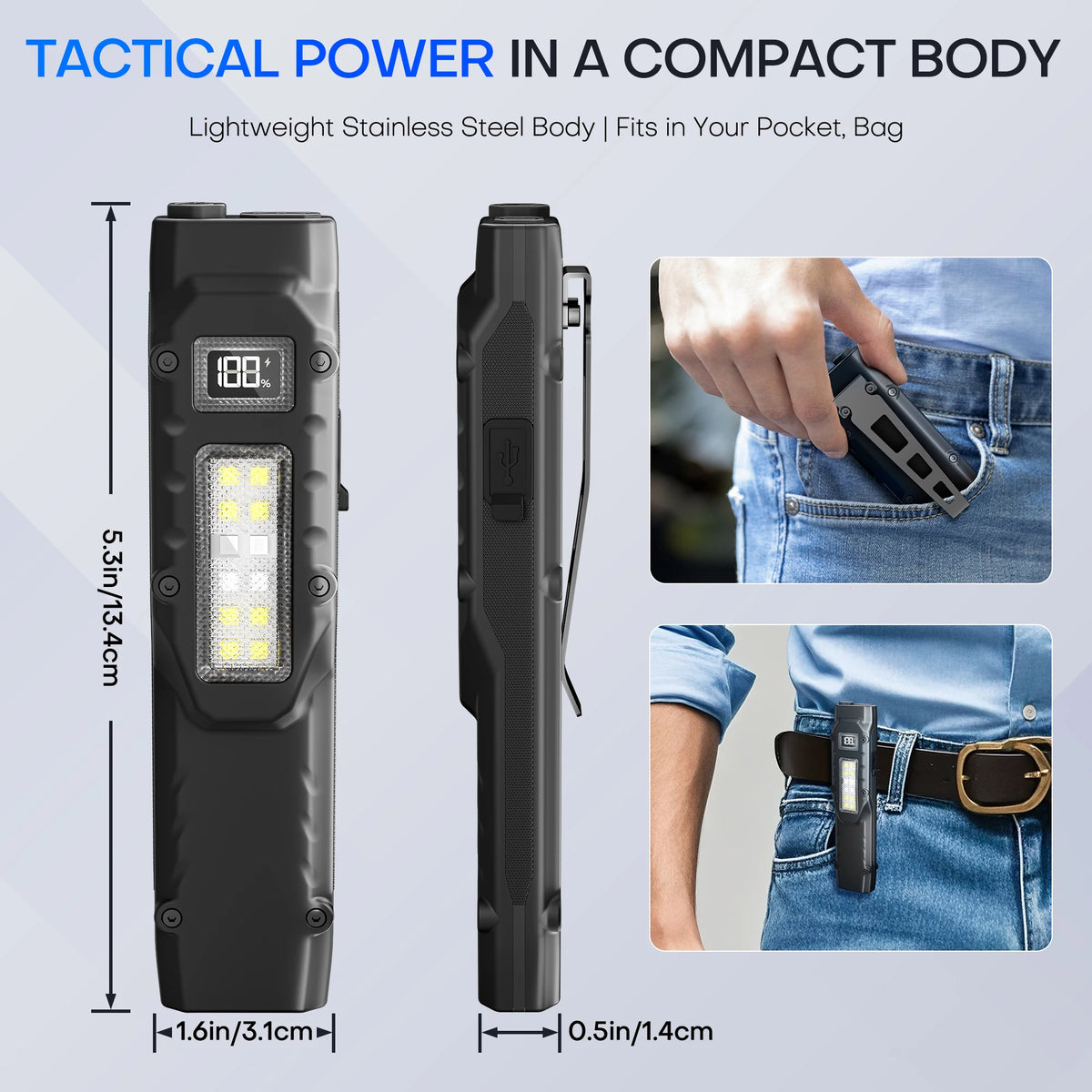 ESMARTER Tactical Rechargeable EDC Flashlight – 8 Modes 1600lm Tactical Flashlight HIP
