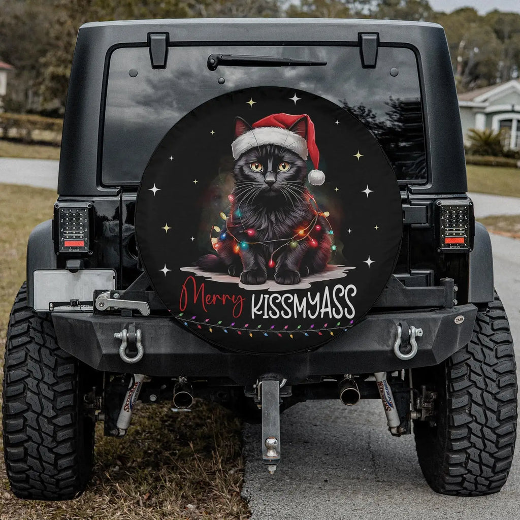 Black Cat Santa Hat Christmas Spare Tire Cover | Camera Hole Spare Tire Cover HIP 1 16in