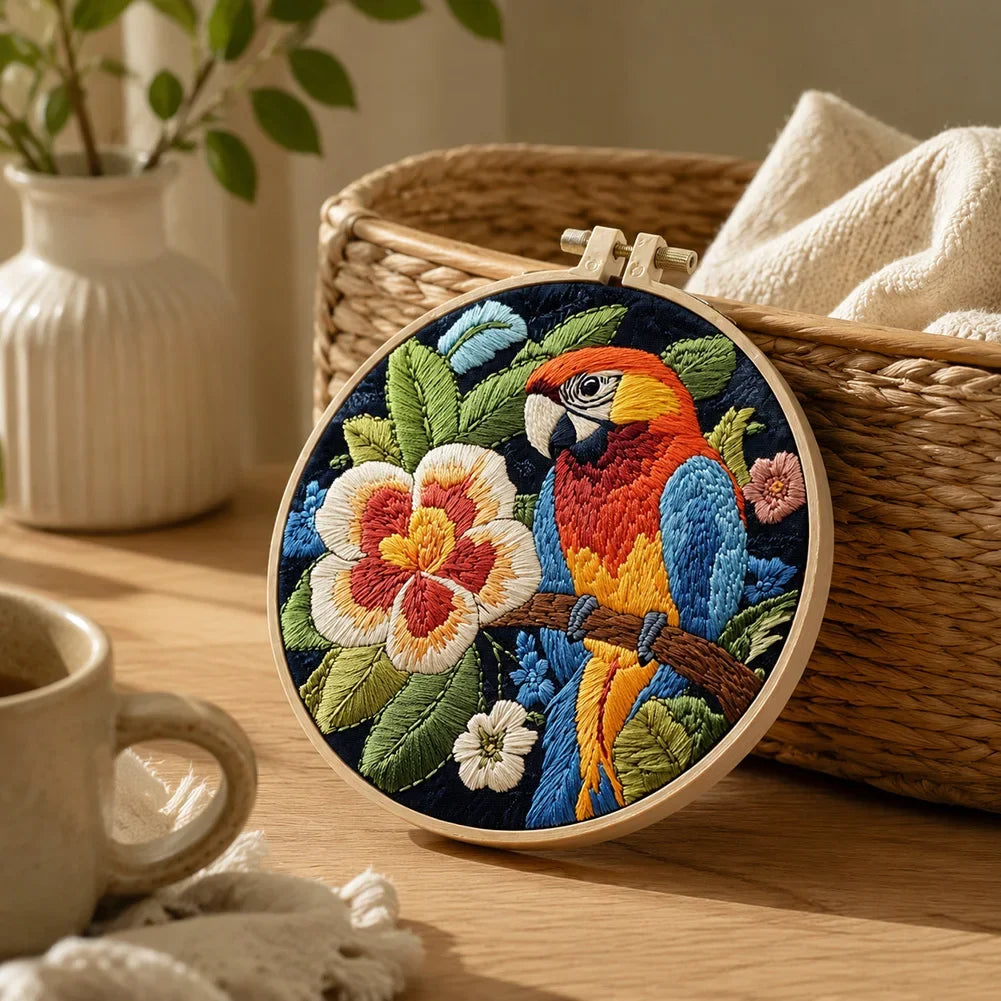 DIY Parrot Embroidery Set Embroidery Supplies with 15cm Bamboo Ring Animal Sewing Hobby Butterfly Bird Bee Adult Beginner Gift HIP