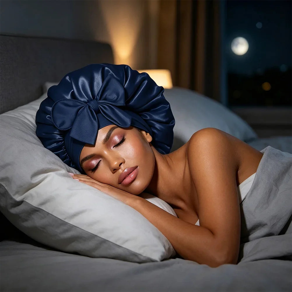 Universal Bathing Hair Head Cover Reusable Wide Brim Hair Protection Hat with Stretchy Tie Band Satin Sleeping Bonnet Shower Cap HIP