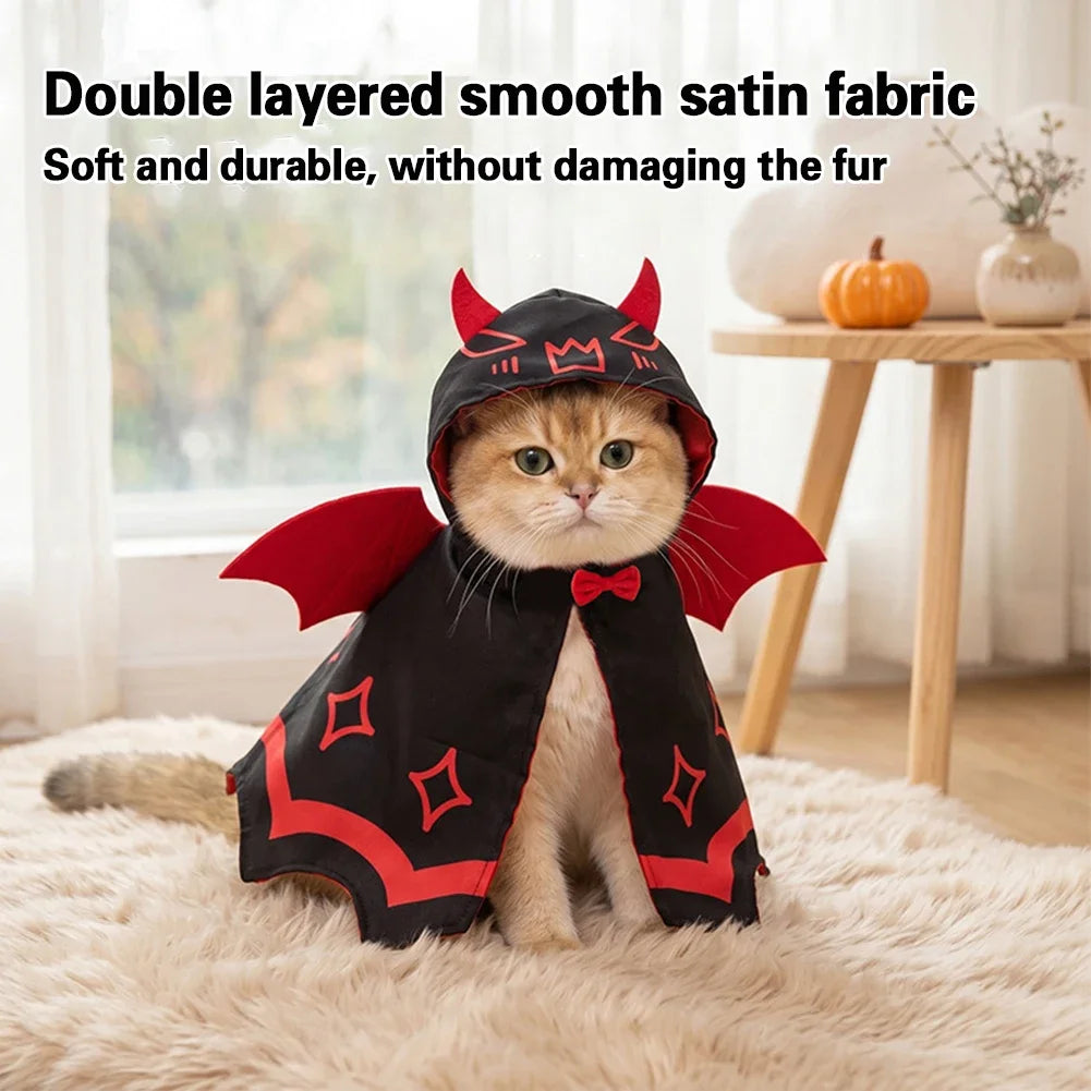 Adjustable Halloween Cat Devil Bat Cloak with Bow Tie Double Satin Red Wing Devil Pet Cape Dark Style Skin-friendly HIP