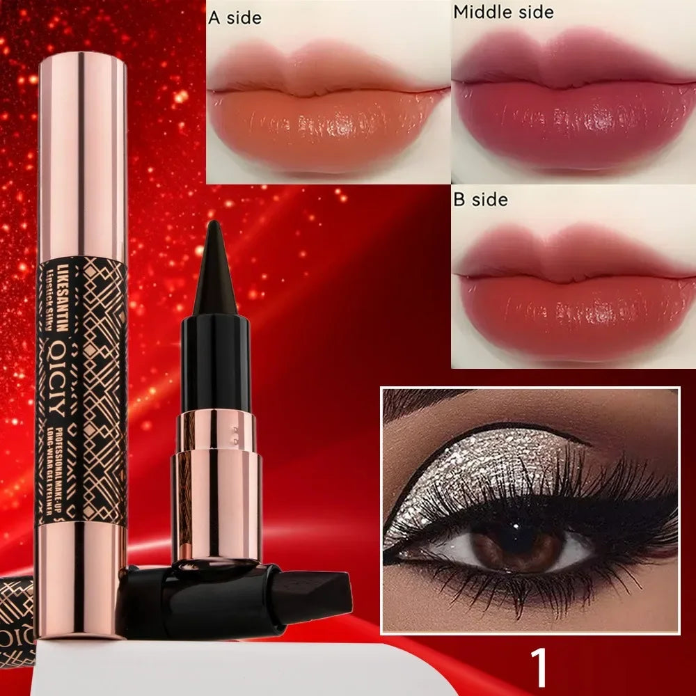 Orange Lipstick Silky Smooth Matte Long-wear Gel Eyeliner 3color Lip Gloss 2IN1 Makeup Pen Lipliner Stick Sexy Women Cosmetics HIP 01