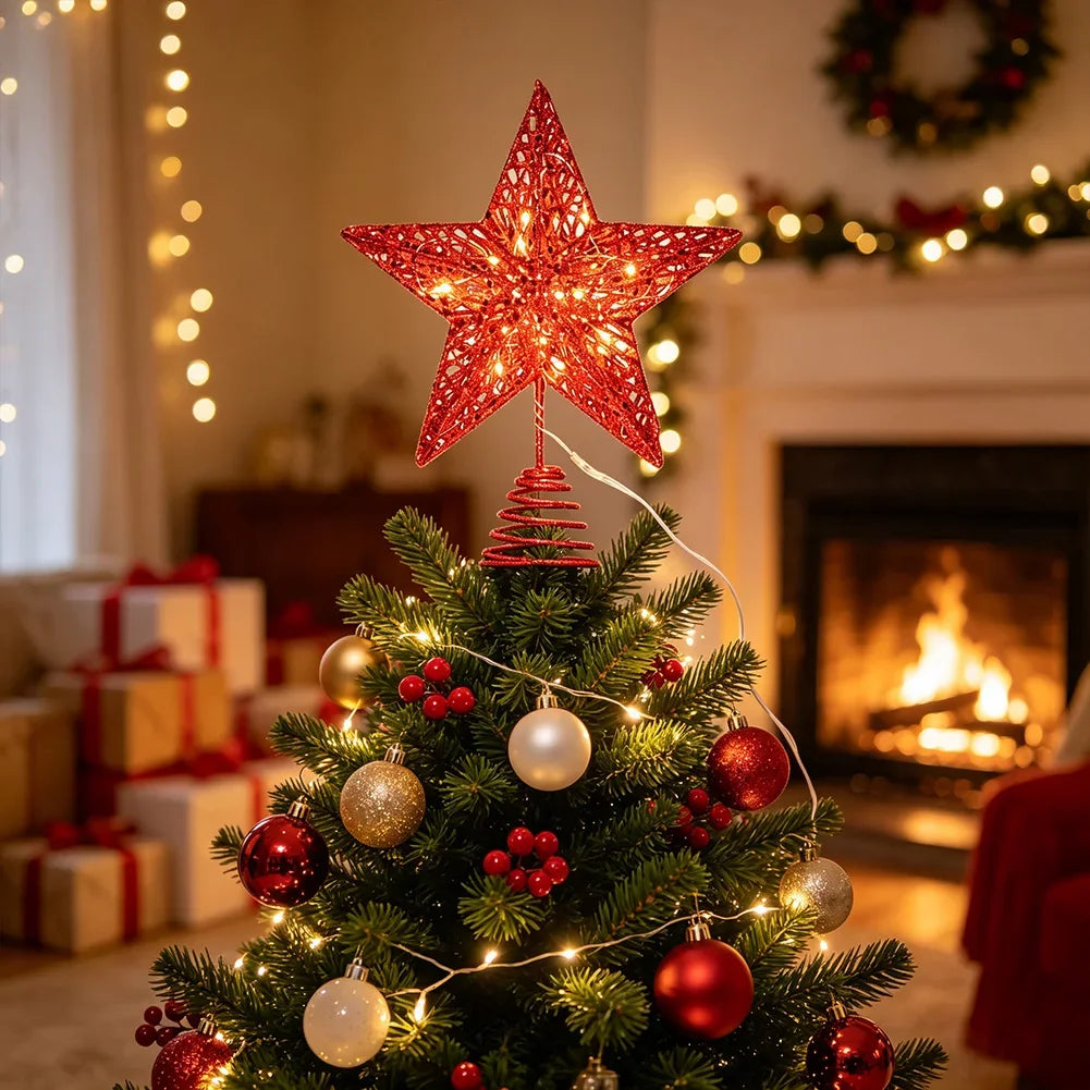 With LED Lights Iron Five-Pointed Glowing Star Christmas Tree Topper Star For Xmas Home Party Decor HIP