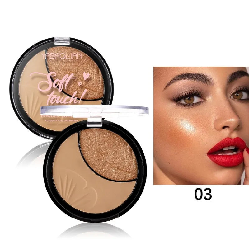 All-in-One Face Powder Highlighter 2 in 1 Setting Powder Luminous Glow Palette Waterproof Longwear Buildable Coverage Gym Travel HIP 03