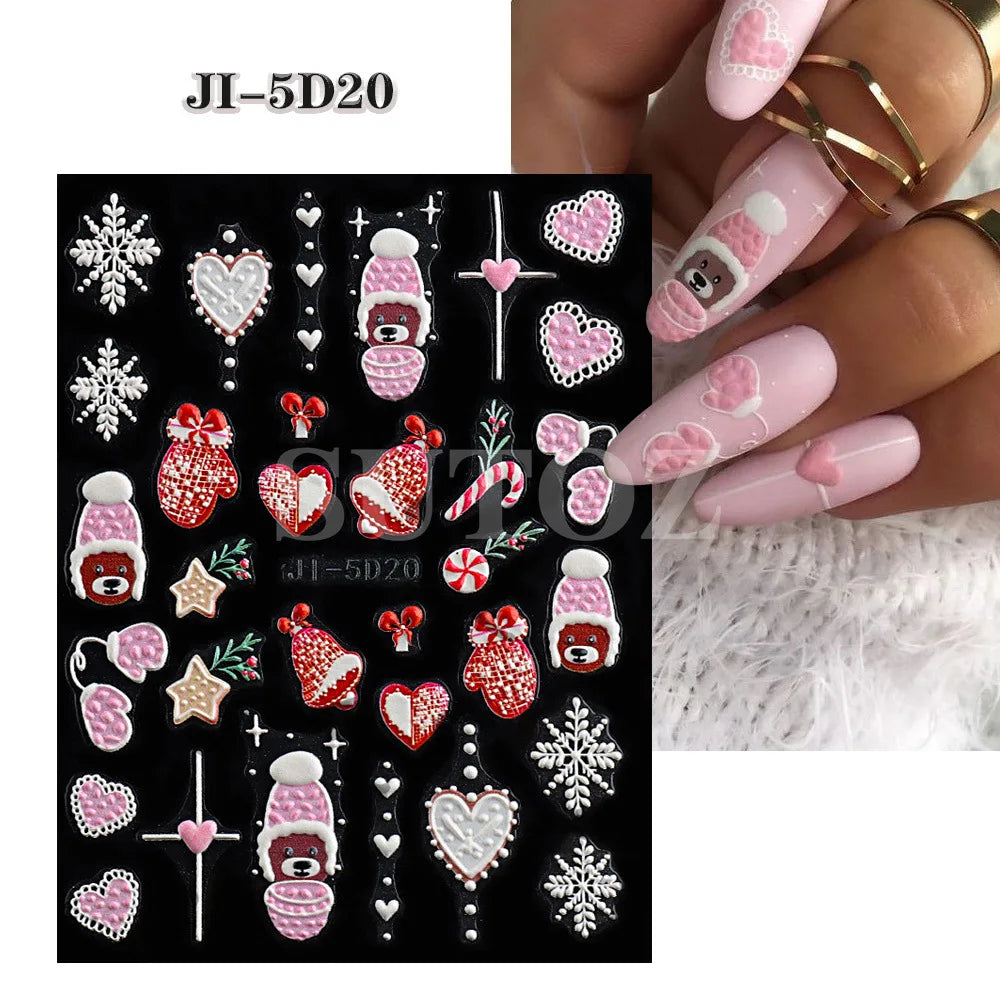 5D Embossed Santa Claus Gingerbread Man Elk Nail Art Stickers Christmas Cartoon Bear Snowman Tree Sliders New Year Xmas Decals HIP 20