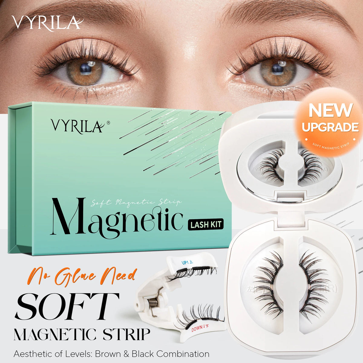 VYRILA Upgrade Magnetic Eyelashes Brown/Black Reusable Soft Magnetic Lash with Applicator Natural Look No Glue Needed Lashes Kit HIP