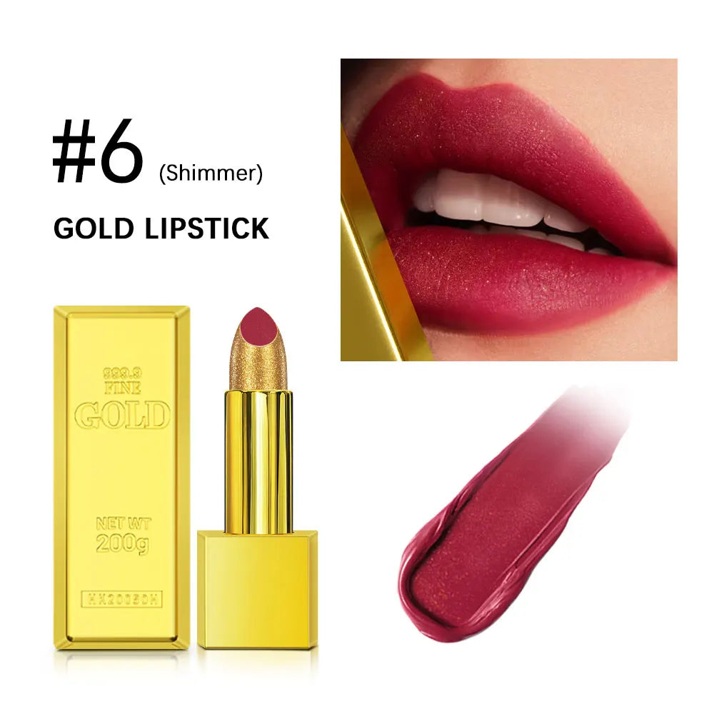 Shimmer Gold Lipstick Metallic Glitter Sexy Lipsticks Long Lasting Batom Waterproof Cosmetic Gold Brick Tube Design Gift 3.5g HIP color 6