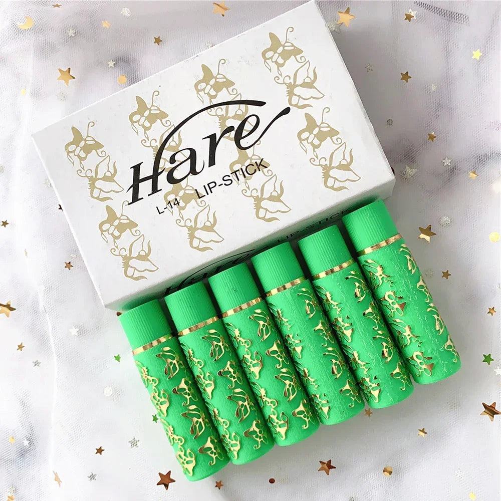 6PCS/BOX Dark Green Magic Spotting Lipgloss Lipstick Long Lasting Lip Liner Butterfly Green Lipstick Cosmetics Makeup Maquiagem HIP