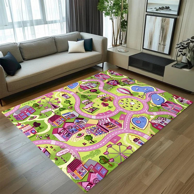 Pink Kids Play Rug – Interactive Road Track Mat | Non-Slip Kids Play Rug HIP 1 80X120-Felt