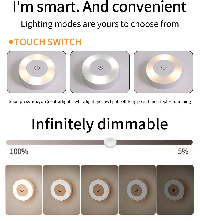 Wireless Wall Lamp Rechargeable LED Night Light With Touch Switch 3-Color Dimmable Reading Book Light For Bedroom Cabinet Closet HIP