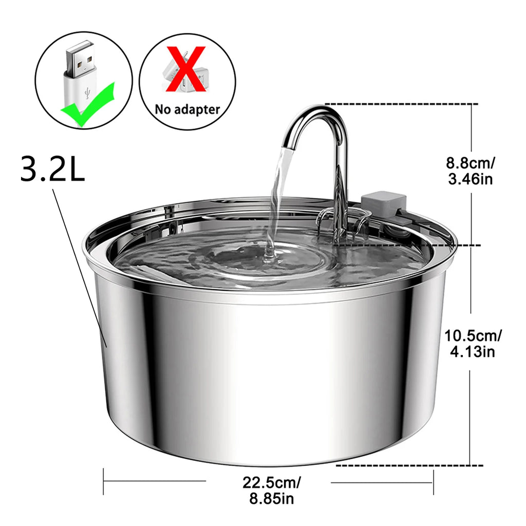Stainless Steel Pet Water Fountain、3.2L/108oz、Auto、Ultra Quiet Pump、5/9Pcs Replacement Filters、Cats Dogs Multiple Pets HIP