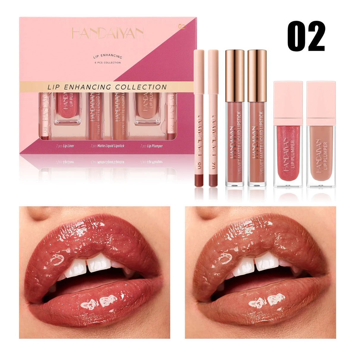 Handaiyan 6-Pc Matte Lipstick Set – Lip Liner & Plumper Kit Lip Makeup Set HIP 02
