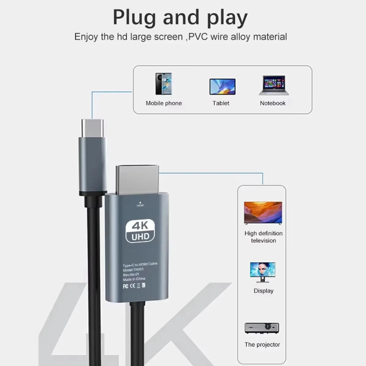 USB-C to HDMI 4K 60Hz Braided Cable 2M – Gray | HIP HDMI Video Cable HIP