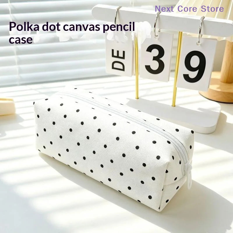 Polka Dot Canvas Pencil Case – Large Capacity Stationery Pouch Canvas Pencil Case HIP