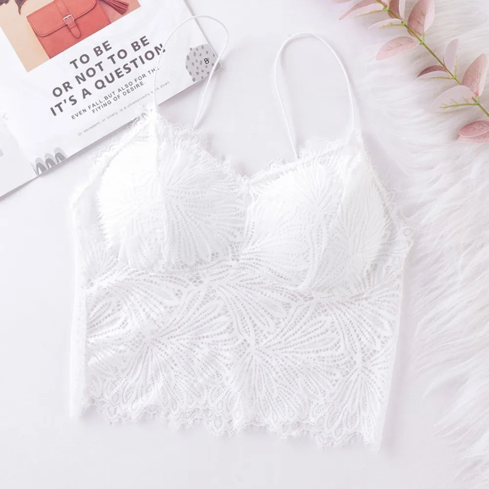 Women's Lace Bralette Crop Tank Top – Zipper Bustier Lace Bralette Crop Top HIP White