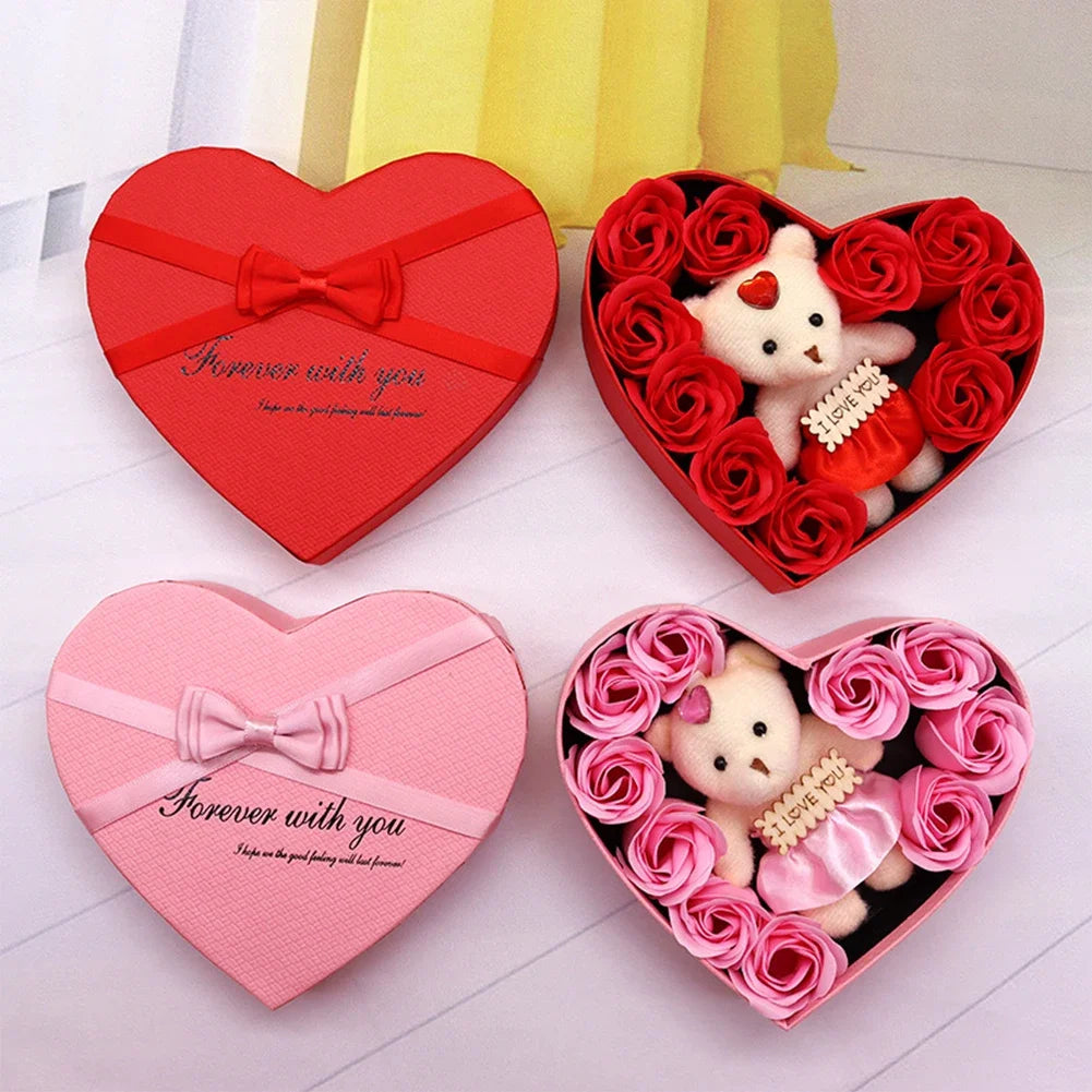 Artificial Flowers Valentines Day Gift for Her Rose Gift Box with Cute Bear Romantic Mothers Day Wedding Home Party Decor HIP