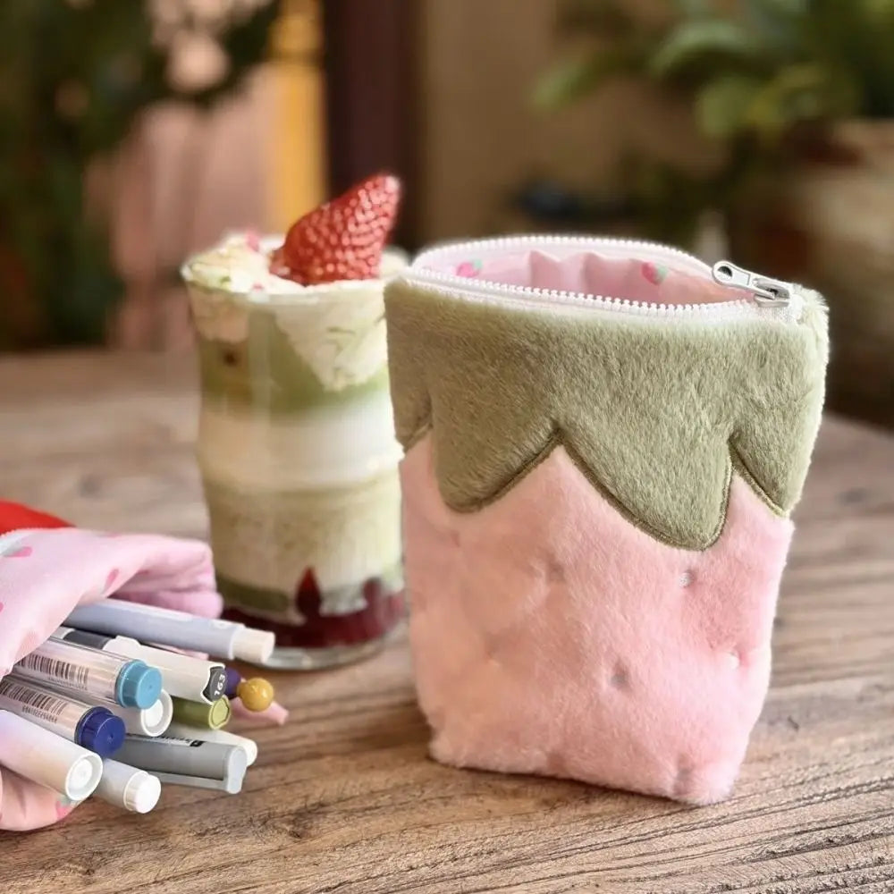 Strawberry Plush Pencil Case – Large Capacity Standing Pen Bag Pencil Case HIP