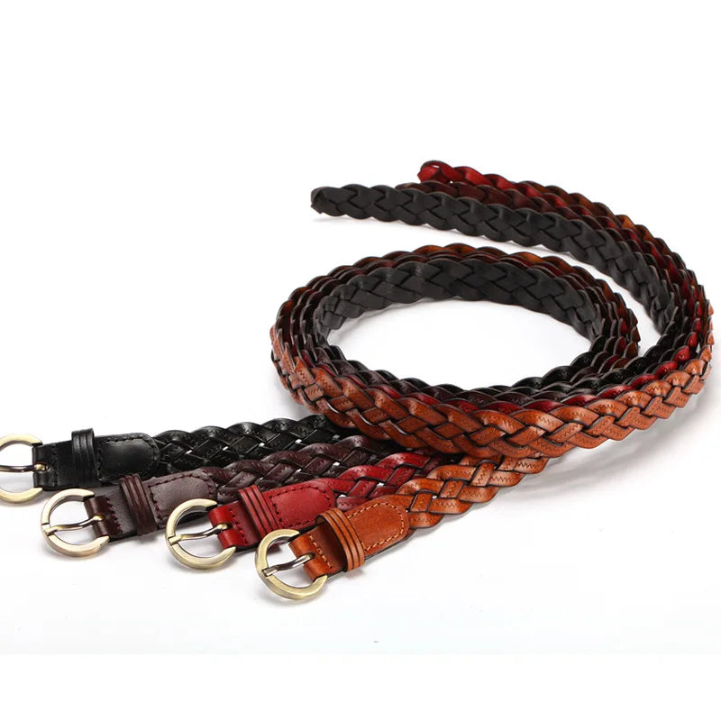 Women's Faux Leather Braided Belt | Gold Round Buckle Women's Fashion Belt HIP
