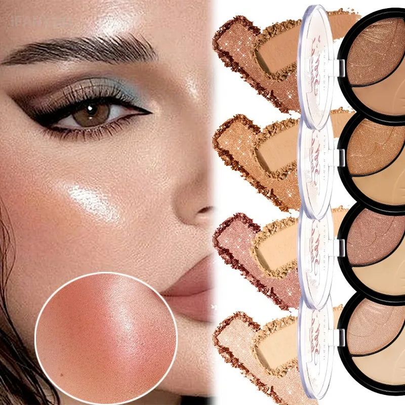 All-in-One Face Powder Highlighter 2 in 1 Setting Powder Luminous Glow Palette Waterproof Longwear Buildable Coverage Gym Travel HIP