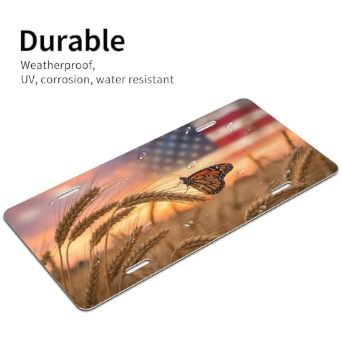 Patriotic USA Flag Butterfly Wheat Field Aluminum Vanity Tag Decorative License Plate HIP