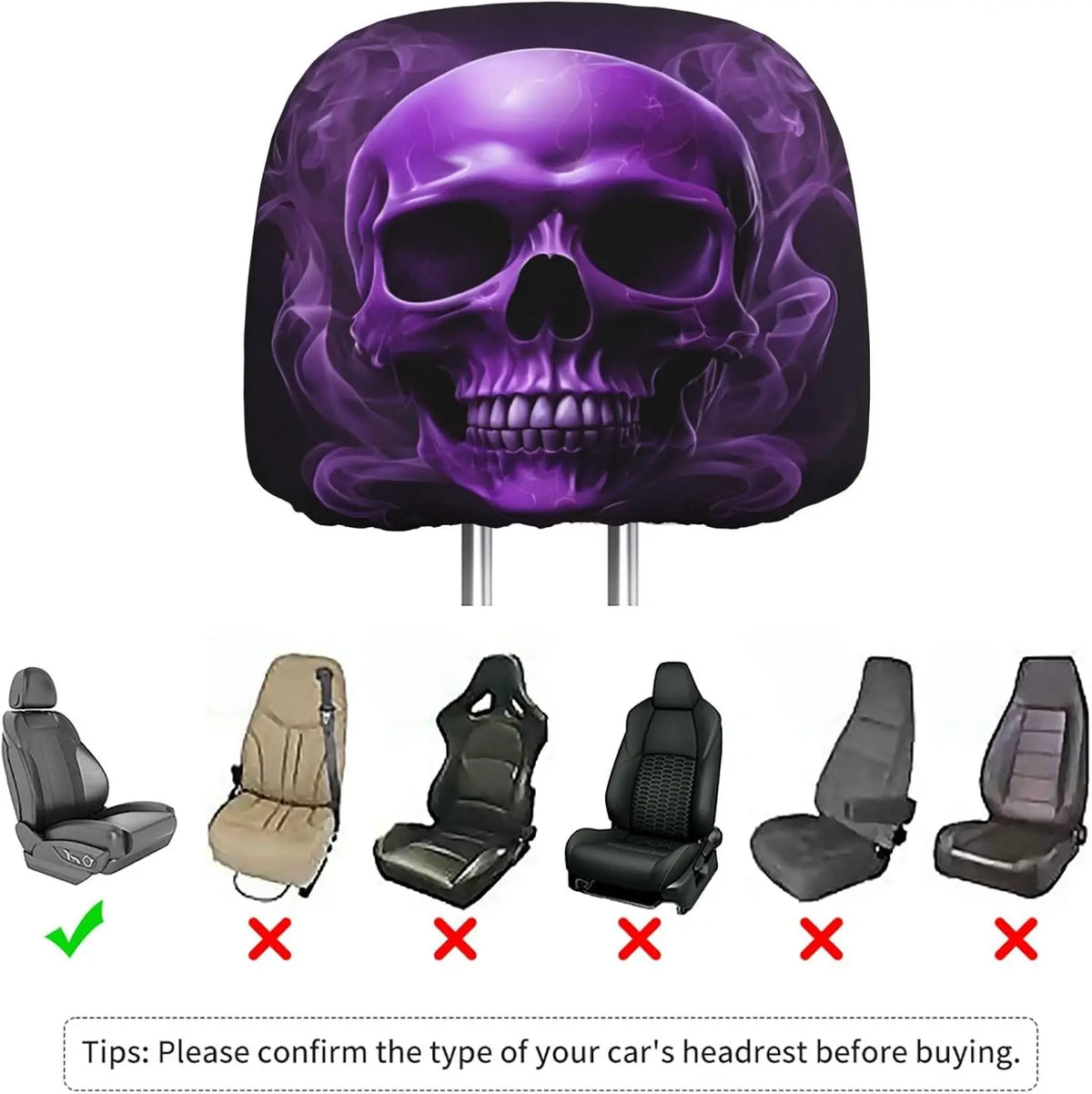2-Pack Purple Skull Car Headrest Covers – Universal Fit Car Seat Accessory HIP