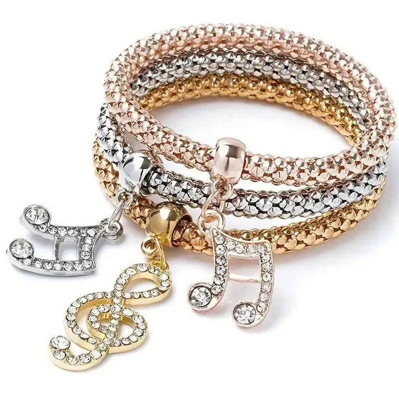 3 PCS Set Heart Lock Key Music Sign Charm Bracelet Owl Rose Gold Plating Silver Color Chain Owm Charm Bangle Jewelry Set HIP sku5