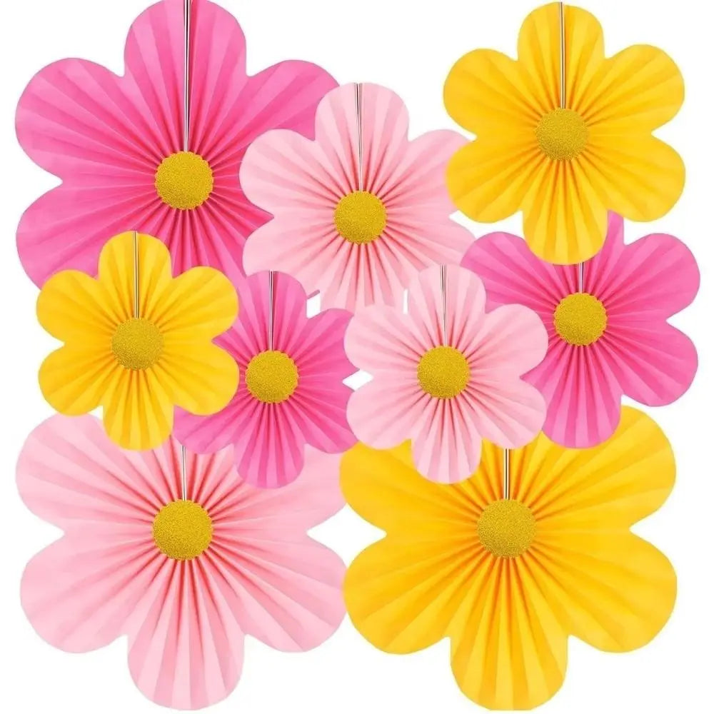 9-Piece Pink Paper Fan Flowers & Pom Poms Backdrop Set Party Backdrop Decor HIP
