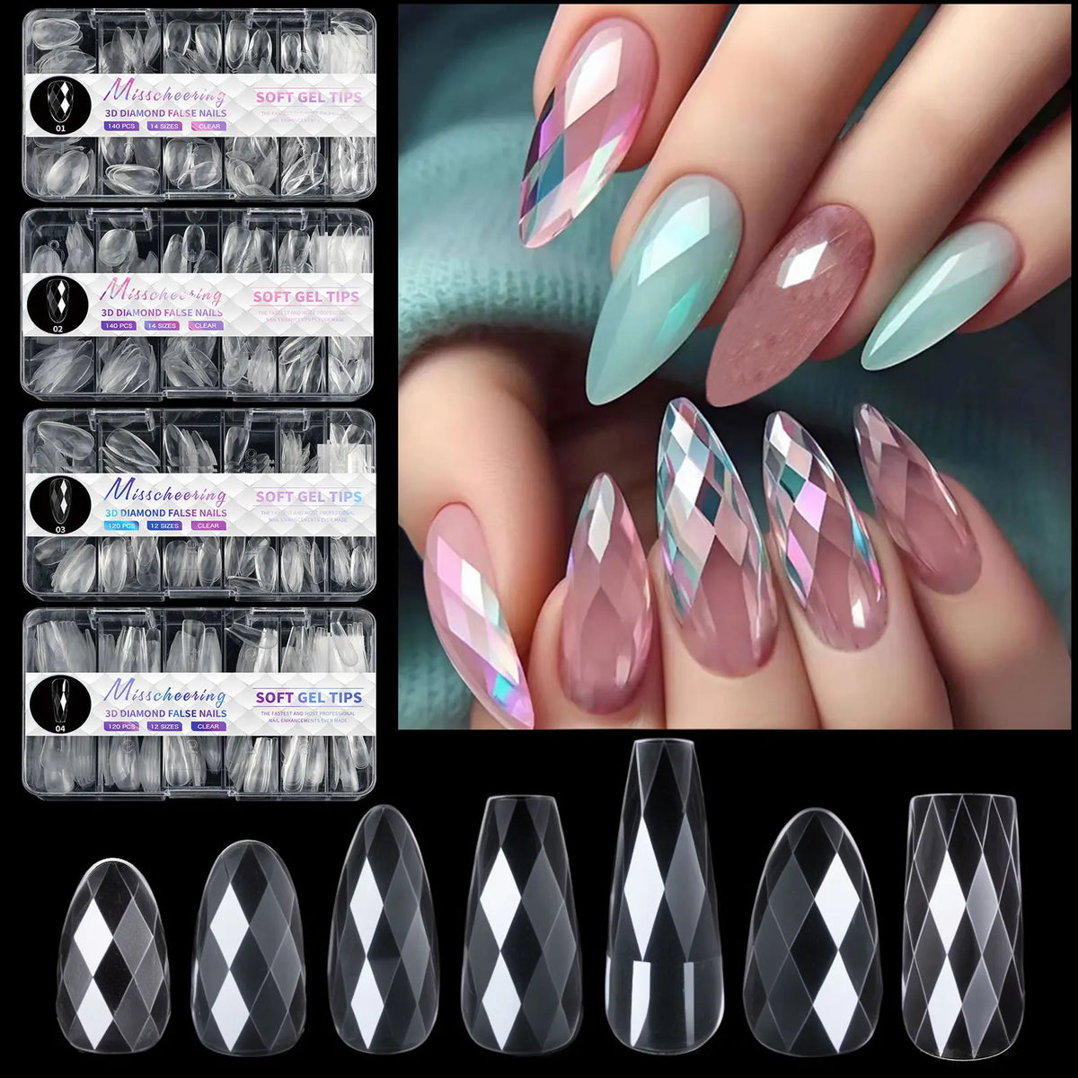 3D Diamond 120/140pcs Square Almond Coffin Nail Extension Tips Natural Clear Full Cover Nails Dual Form Soft Gel Nail Tips HIP