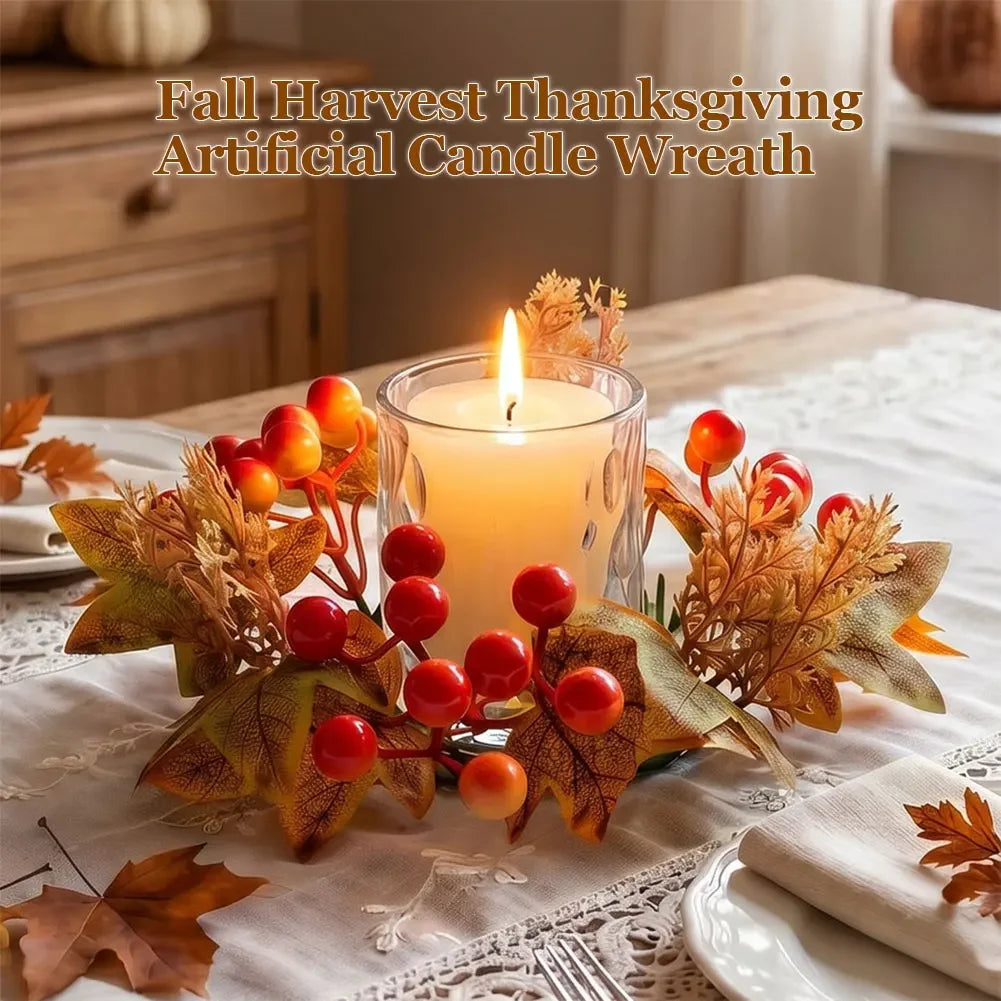 Thanksgiving Table Mantel Shelf Decor Fall Candle Ring Wreath Artificial Maple Leaves Berry Pinecone For Pillar Candle HIP
