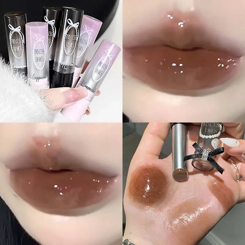 Caramel Brown Solid Lip Gloss Moisturizing Lace Bow Mirror Glass Jelly Lipstick Non Stick Cup Water Light Plump Lip Tint Makeup HIP