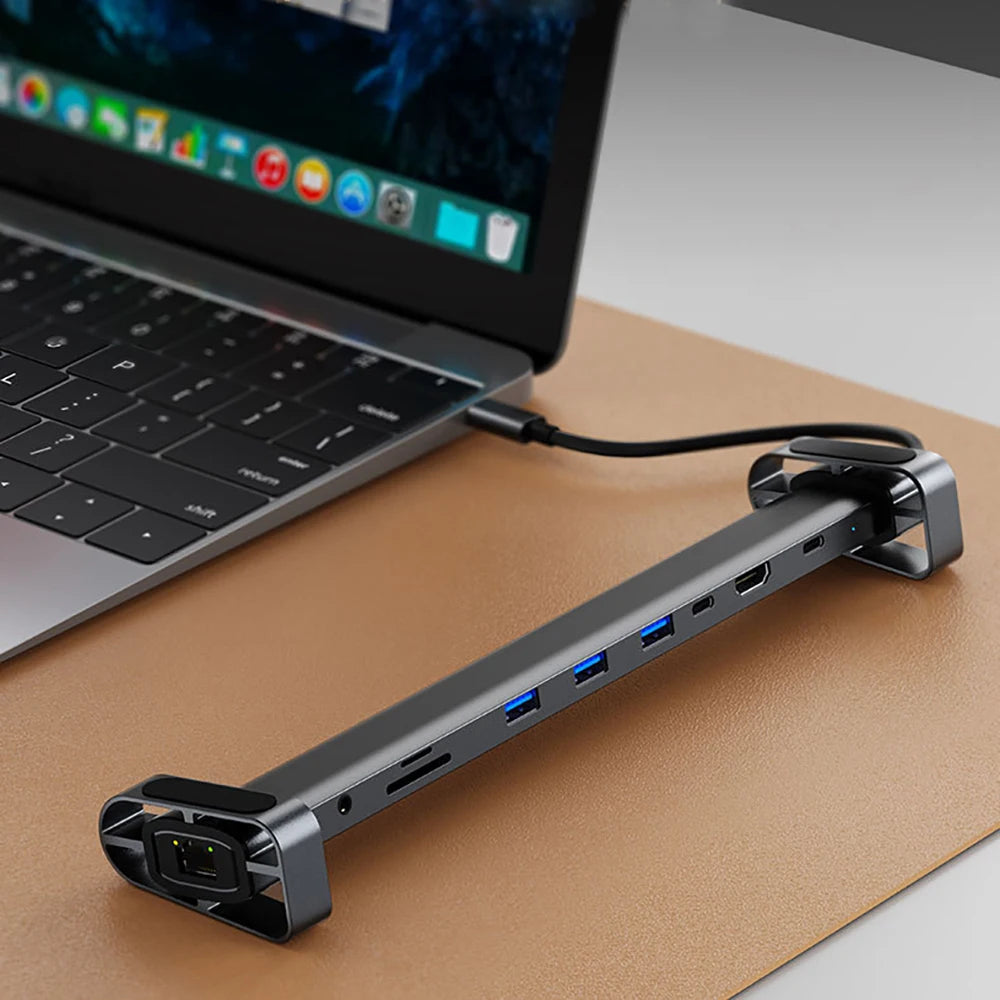 10-Port USB-C Hub & Laptop Stand – 4K HDMI, LAN, PD 100W USB-C Docking Hub HIP