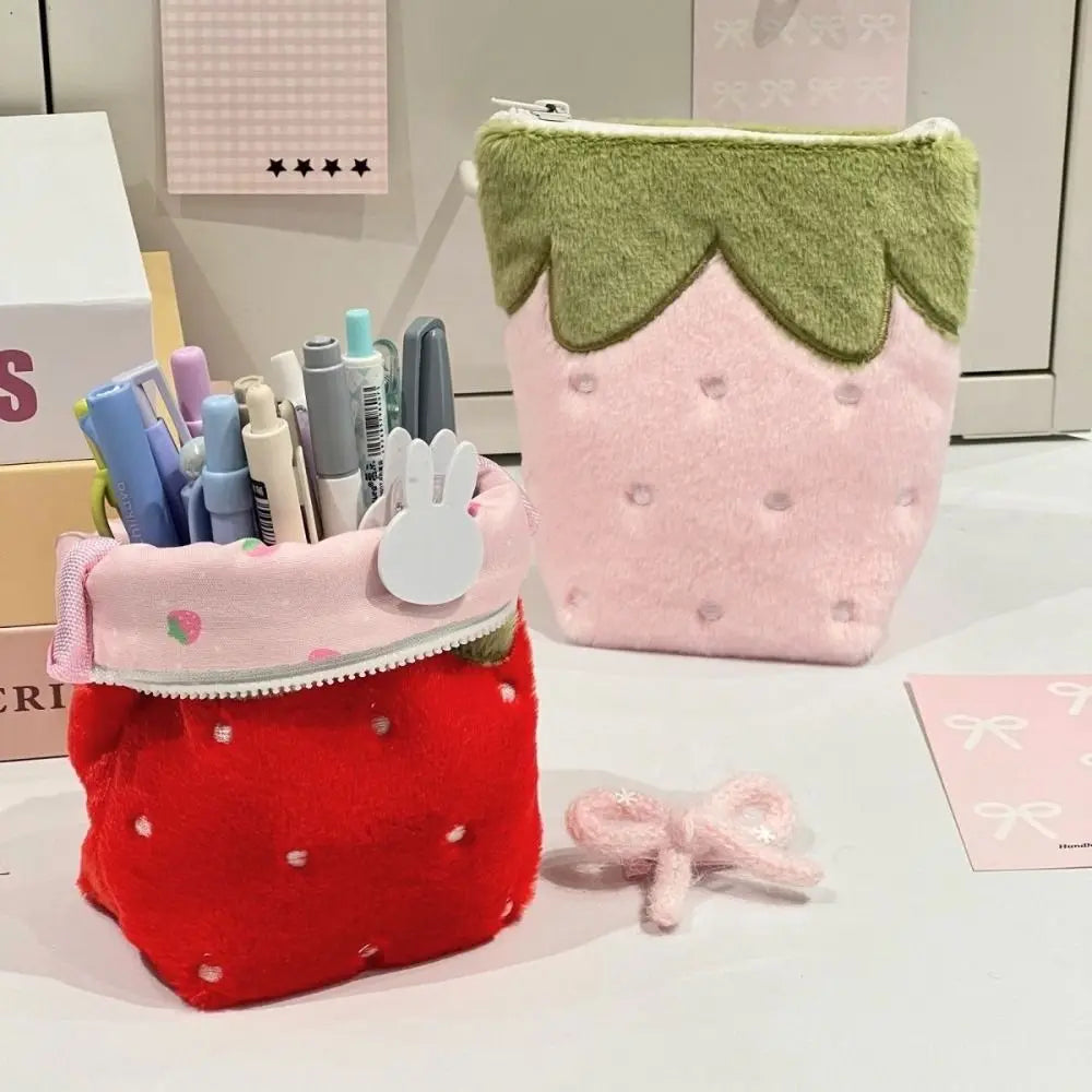 Strawberry Plush Pencil Case – Large Capacity Standing Pen Bag Plush Pencil Case HIP