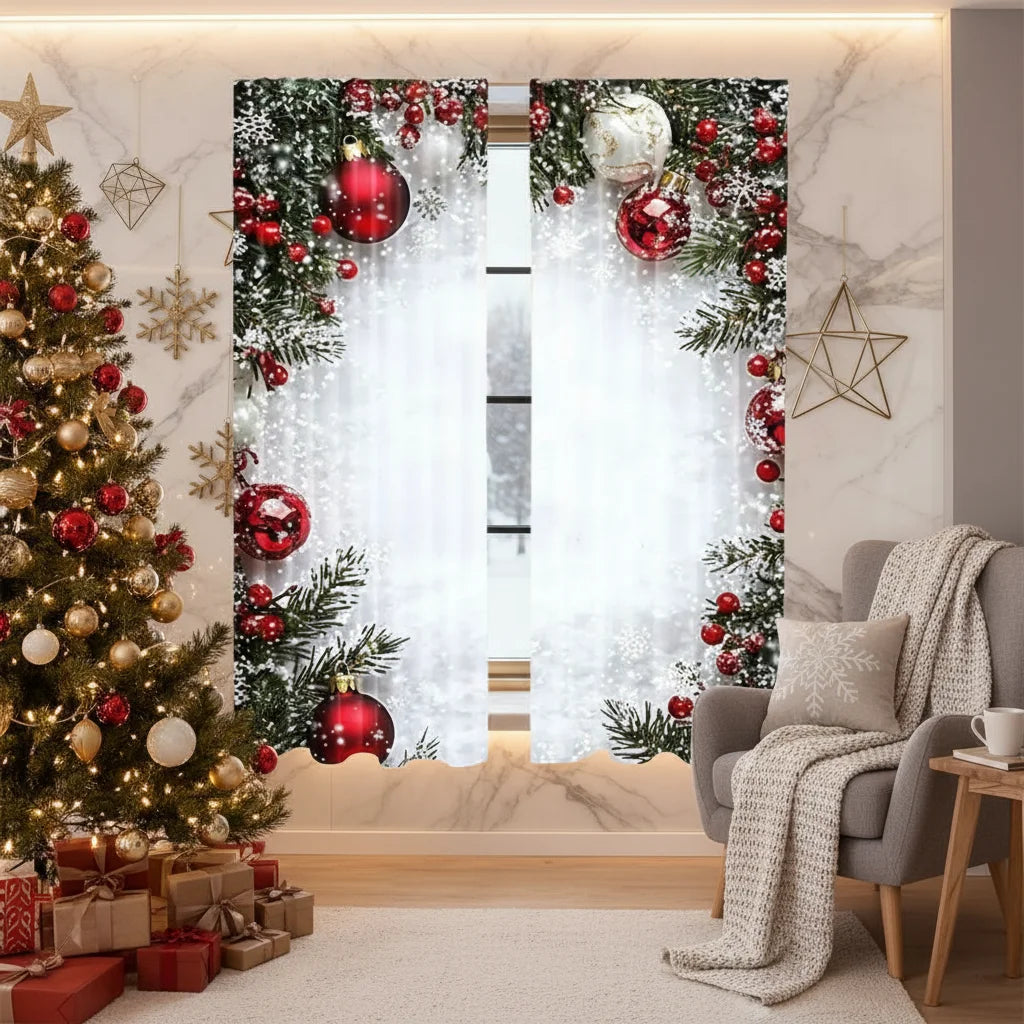 2pcs Xmas Ornament Holly Curtains Light Filtering Decor Polyester Xmas Holiday Window Home Living Bedroom Rod Pocket HIP