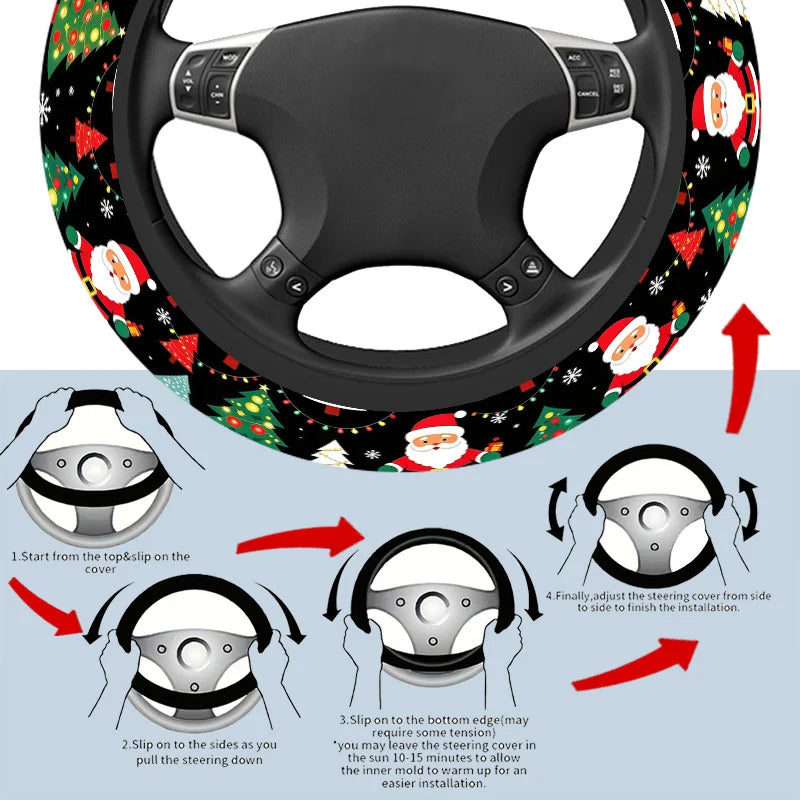 15" Christmas Steering Wheel Cover – Santa & Tree Design Steering Wheel Cover HIP