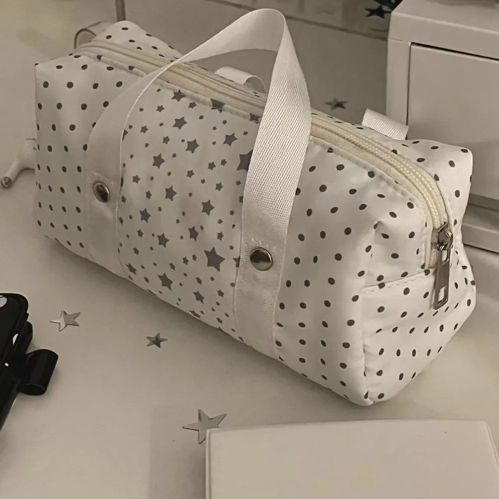 Star Polka Dot Canvas Pencil Case – Large Capacity Pen Bag Canvas Pencil Case HIP White