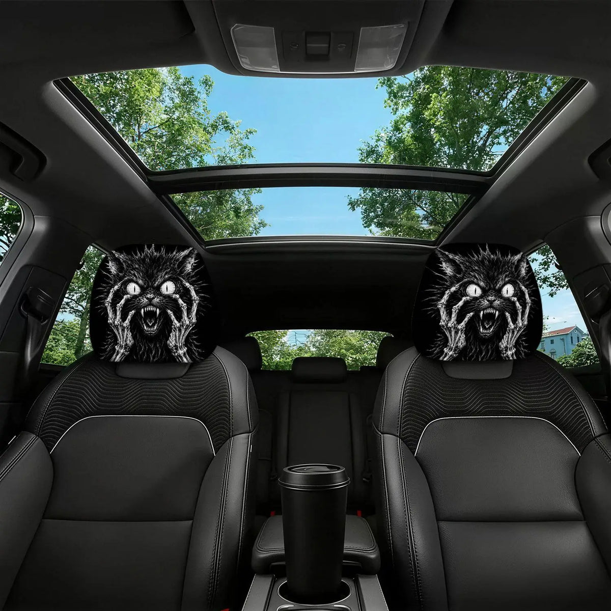 Gothic Skeleton Cat Car Headrest Covers & Neck Pillows – 2pc Car Headrest Cover HIP