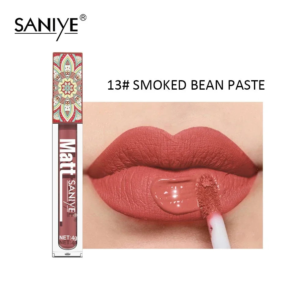 SANIYE Brand Makeup Nude Lip Gloss Waterproof Liquid Matte Lipstick Long Lasting 4g Quick Dry Red Lip Gloss Cosmetics HIP 13